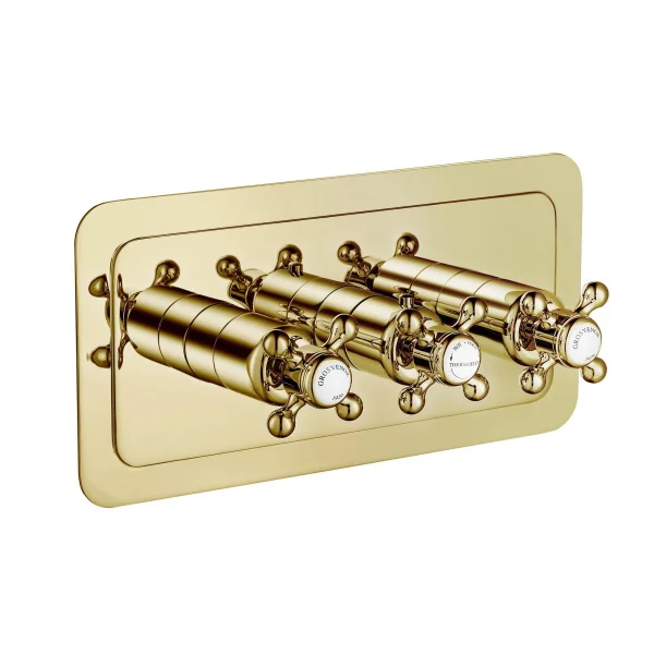Just Taps Grosvenor Cross Thermostatic 3 Outlet Valve Horizontal Light Gold