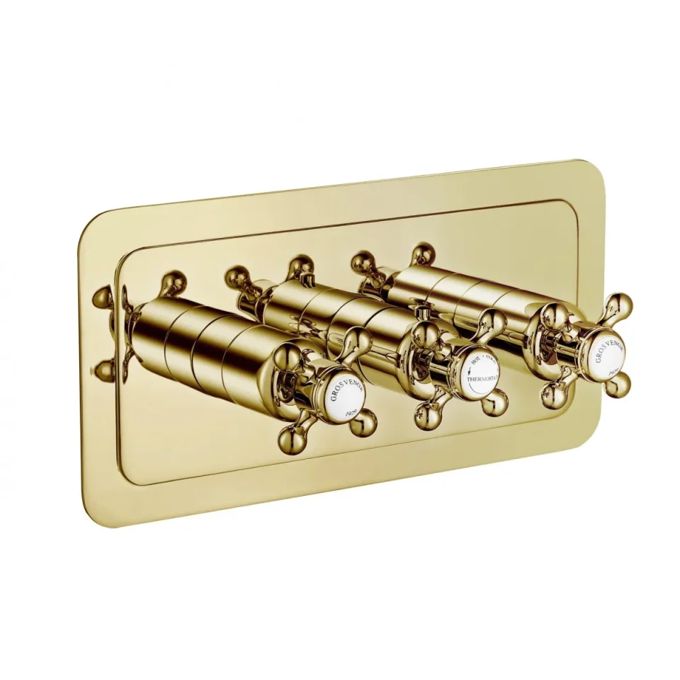 Just Taps Grosvenor Cross Thermostatic 3 Outlet Valve Horizontal Light Gold product image - Image 1
