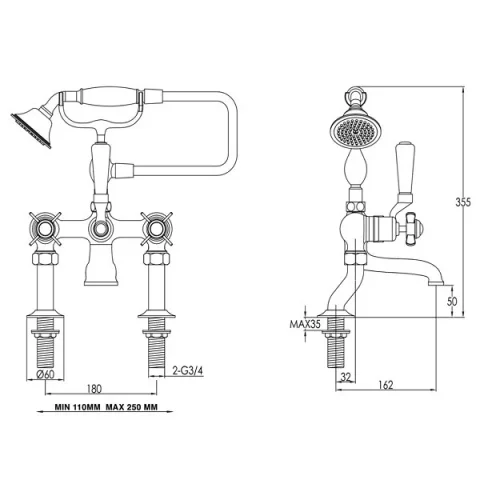 Just Taps Grosvenor Pinch Bath Shower Mixer With Kit Light Gold detail view - Image 2