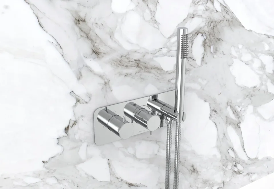 Saneux Eden 2 Way Thermostatic Shower Valve Kit In Landscape With Handspray - Brushed Nickel detail view - Image 3