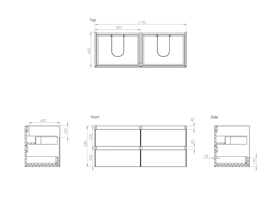 Saneux Uni 120cm 4 Drawer Wall Mounted Unit - Matte Anthracite detail view - Image 2