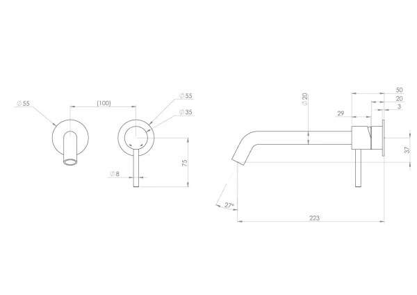 Saneux Cos 2 Plate Wall Mounted Basin Mixer Kit - W/ Long Spout (220mm) W/ Classic Handle - Brushed Nickel (pvd)