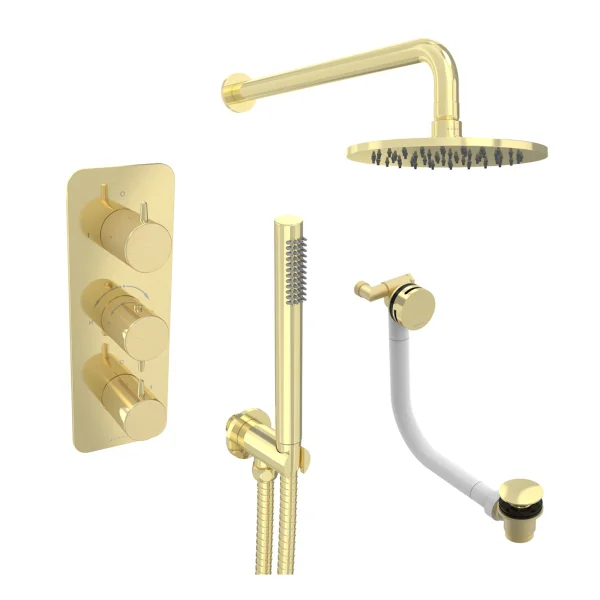 Saneux Eden 3 Way Shower Kit - W/ Slim Handset & Bath Filler & Shower Head - Brushed Brass
