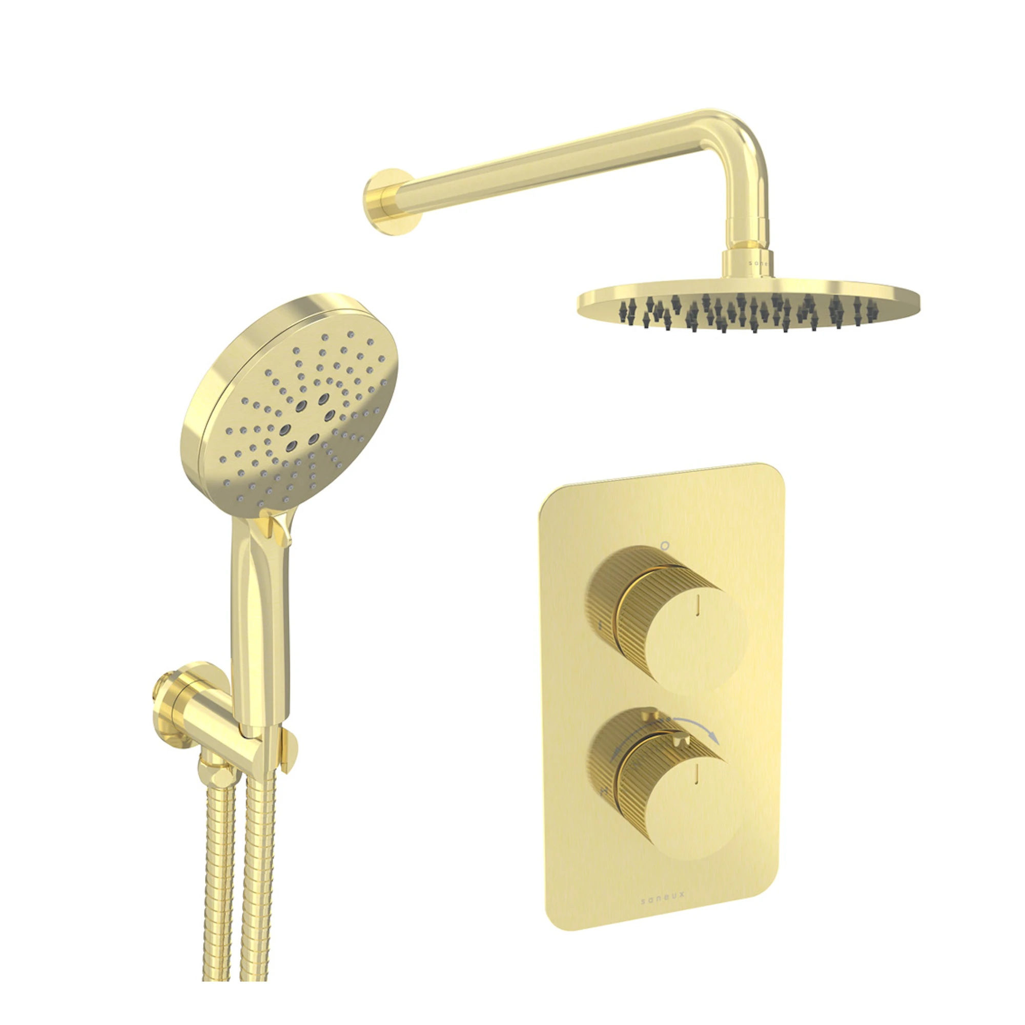 Saneux Cos 2 Way Shower Kit - W/ 3 Function Handset & Shower Head - Fluted - Brushed Brass