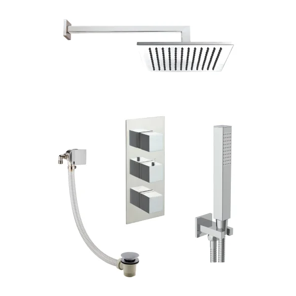 Just Taps Athena 2 Outlet Shower Valve, Slimline Exofil Click Clack Shower Arm, 400mm, Overhead Shower 200mm