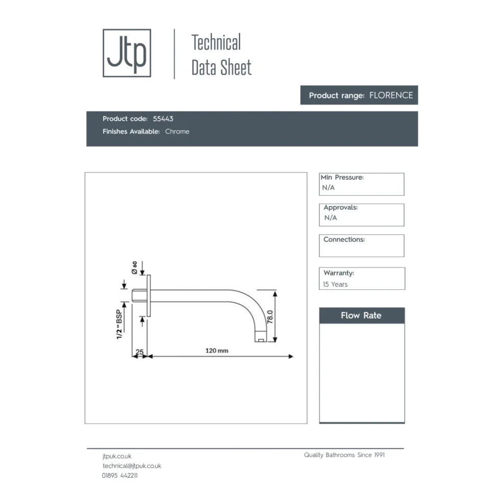 Just Taps Florence Basin Spout With Wall Flange 195mm Chrome detail view - Image 2