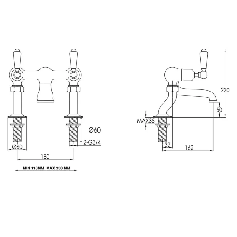 Just Taps Grosvenor Lever Deck Mounted Bath Filler Chrome detail view - Image 2