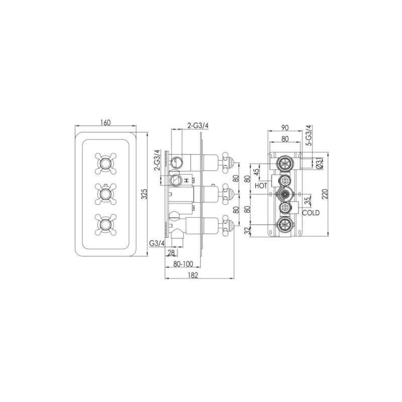 Just Taps Grosvenor Cross Thermo Concealed 3 Outlet Shower Valve Vertical  Nickel detail view - Image 2