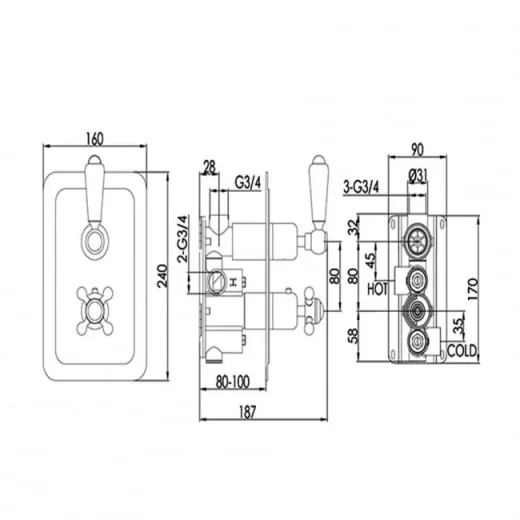Just Taps Grosvenor Lever Concealed Thermostatic 1 Outlet Valve Vertical Chrome detail view - Image 2