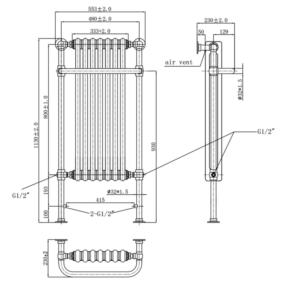 Just Taps Grosvenor Radiator 1130 X 553 X2 30 Chrome & White detail view - Image 2