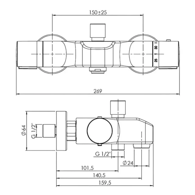 Just Taps Thermostatic Bath And Shower Mixer Without Kit Deck Mounted Chrome product image - Image 1