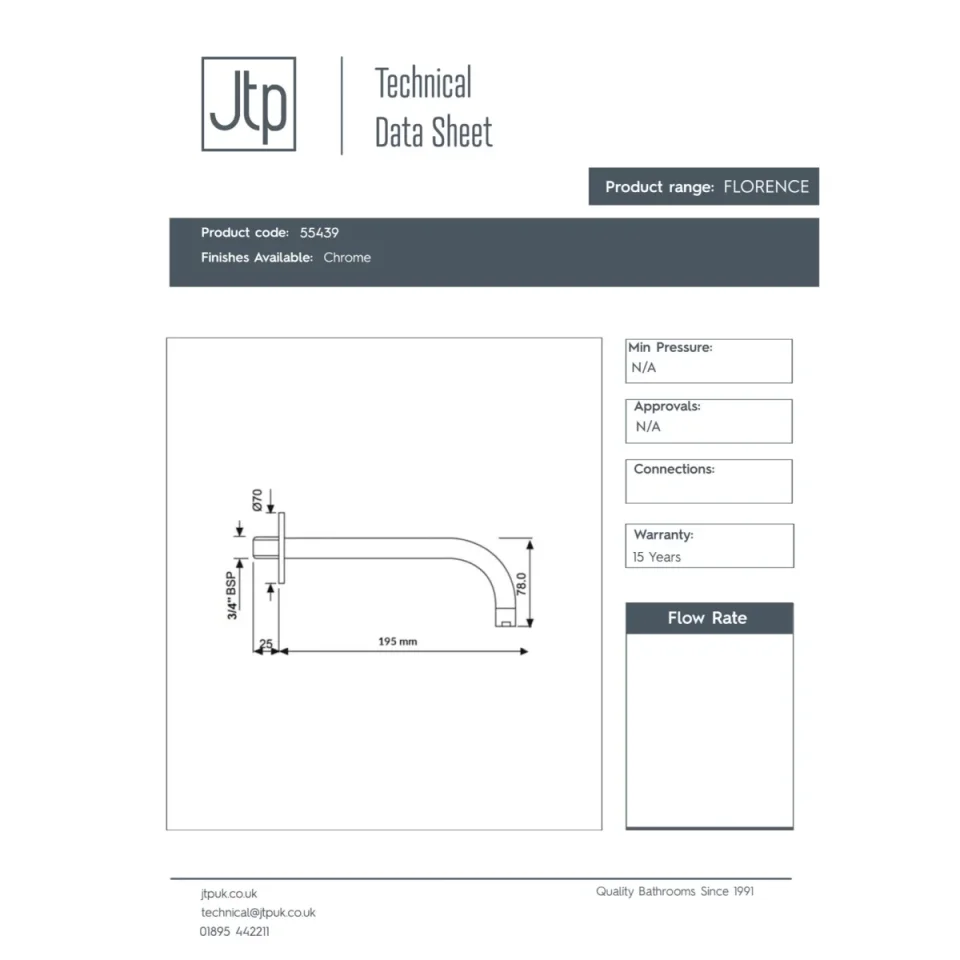 Just Taps Florence Bath Spout 195mm With Wall Flange Chrome detail view - Image 2