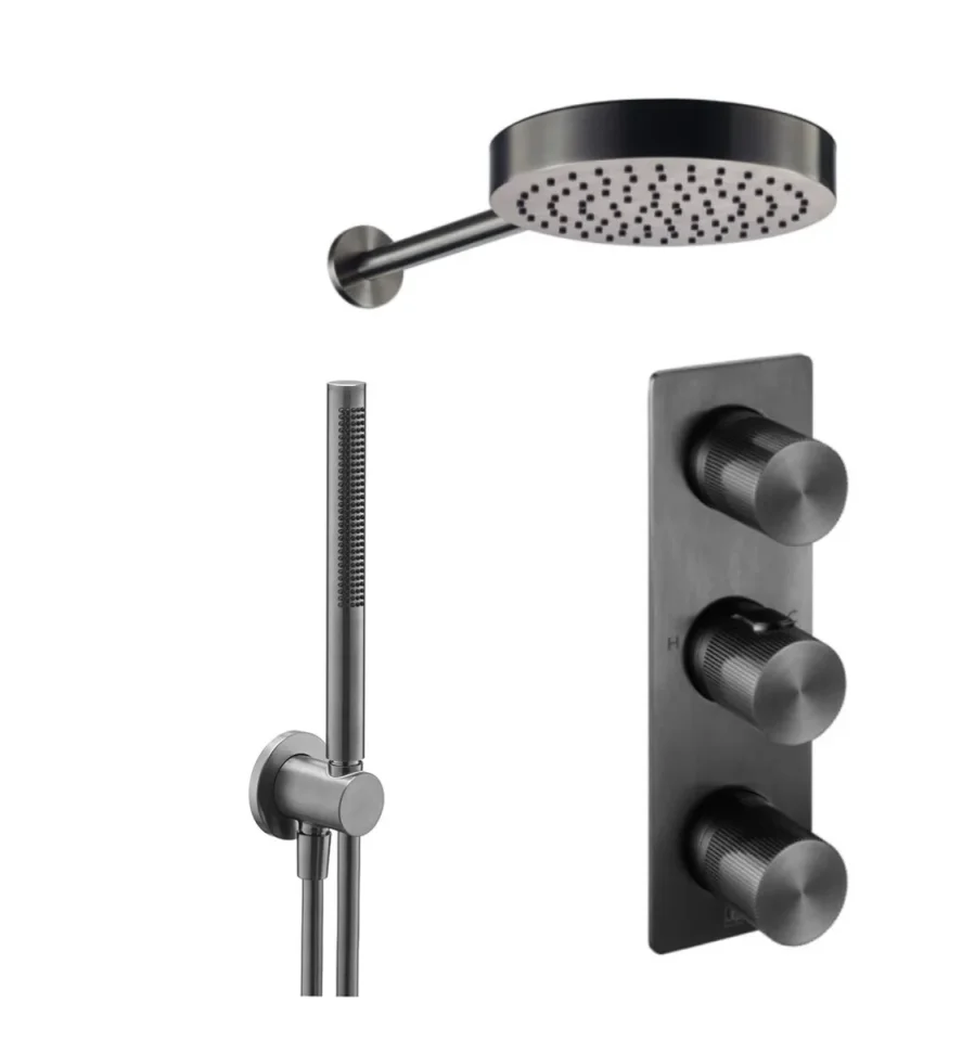 Just Taps Evo 2 Outlet Shower Valve, Arm 400mm,overhead Shower 250mm, Round Water Outlet - Brushed Black product image - Image 1