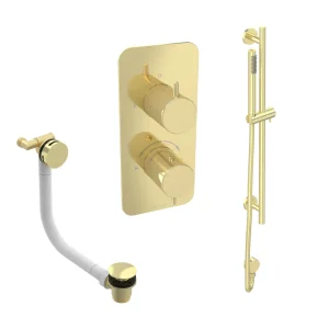 Saneux Eden 2 Way Shower Kit - W/ Slim Handset & Slider Rail & Bath Filler - Brushed Brass