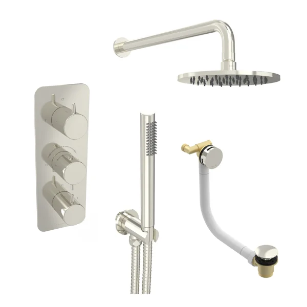 Saneux Eden 3 Way Shower Kit - W/ Slim Handset & Bath Filler & Shower Head - Brushed Nickel