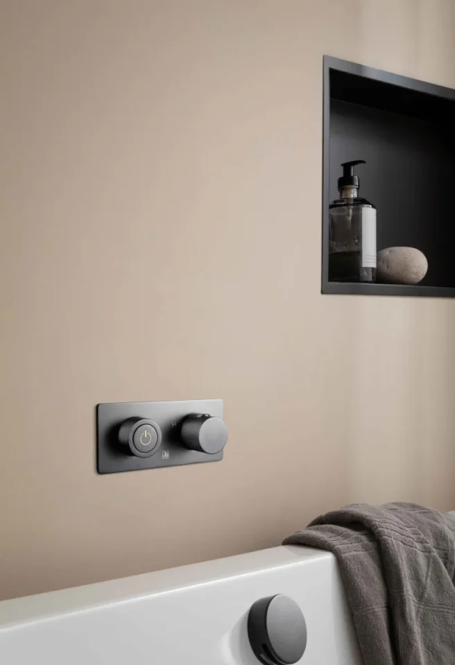Just Taps Evo Thermostatic Concealed Push Button 2 Outlet Shower Valve Matt Black detail view - Image 2