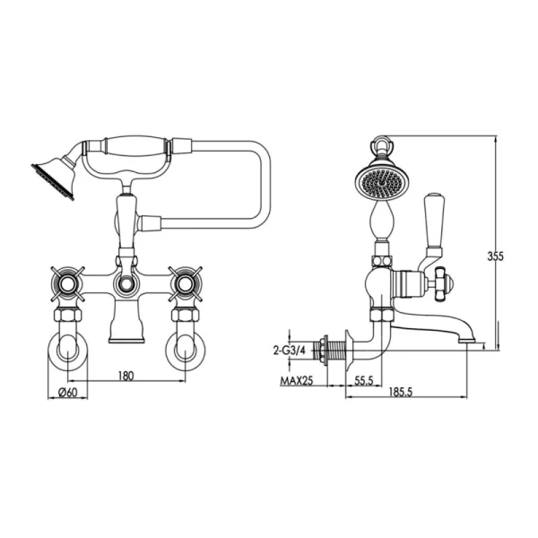 Just Taps Grosvenor Pinch Wall Mounted Bath Shower Mixer With Kit Nickel