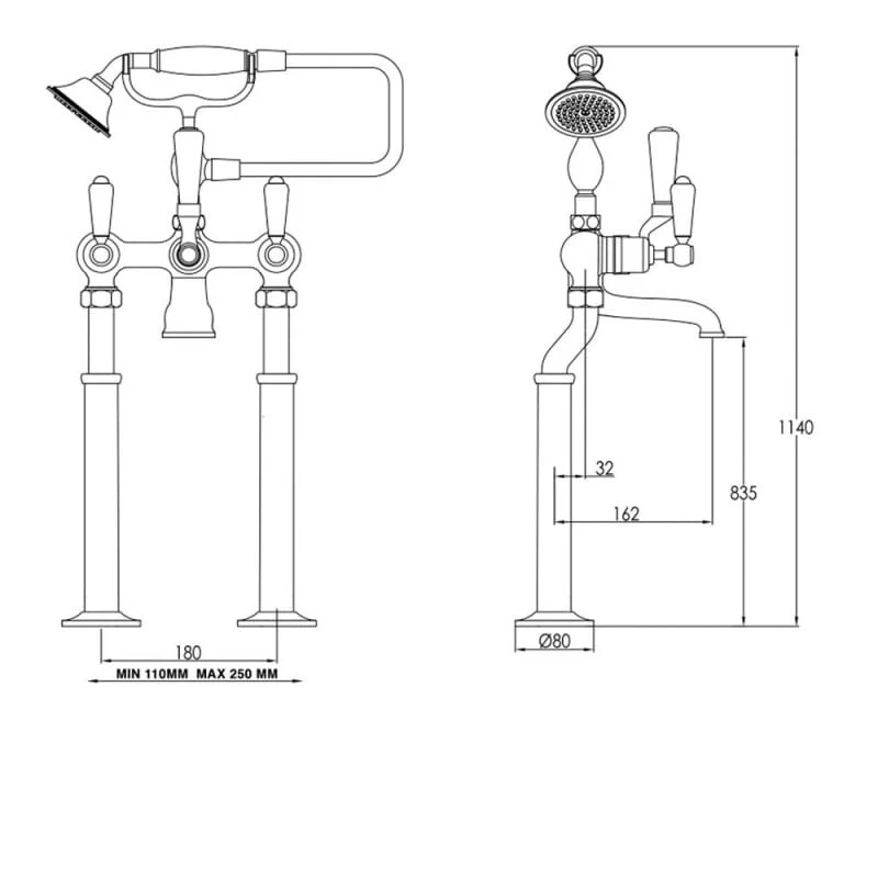Just Taps Grosvenor Lever Freestanding Bath Shower Mixer With Kit