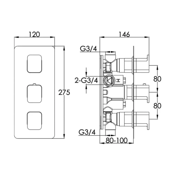 Just Taps Hix Thermostatic Valve 2 Option 3 Handle Chrome