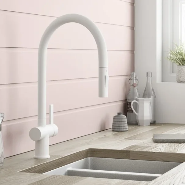 Just Taps Vos Matt White Single Lever Pull Out Sink Mixer detail view - Image 4