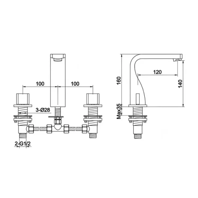 Just Taps Curve 3 Hole Deck Mounted Basin Mixer Chrome detail view - Image 3