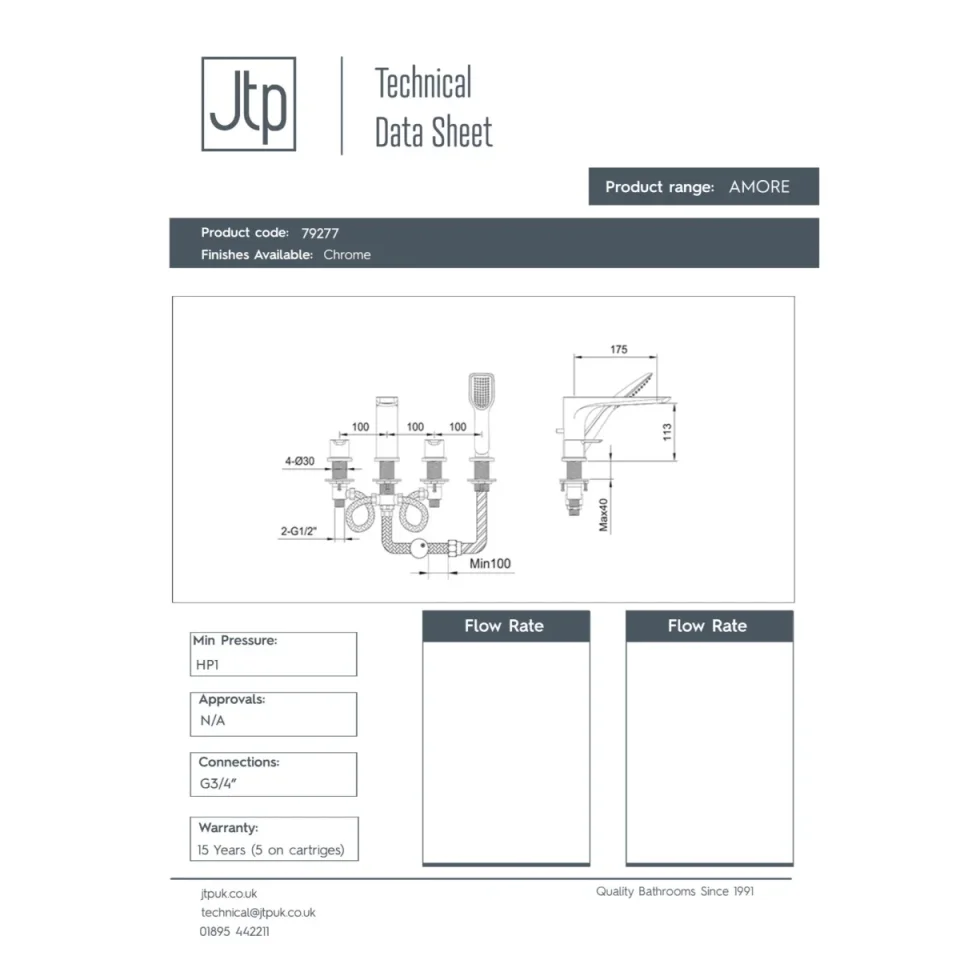 Just Taps Amore 4 Hole Deck Bath Shower Mixer With Kit Chrome detail view - Image 2