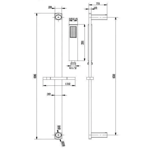 Just Taps Infinity Slide Rail Kit With Single Function Hand Shower Chrome detail view - Image 2