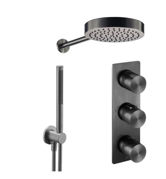 Just Taps Evo 2 Outlet Shower Valve, Arm 400mm,overhead Shower 250mm, Round Water Outlet - Matt Black