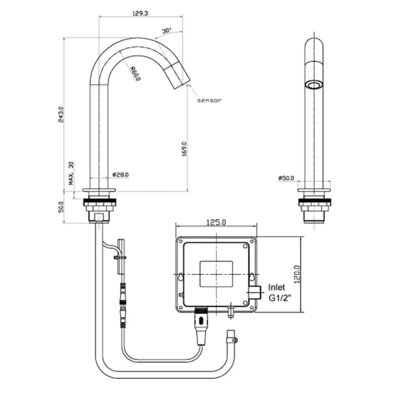 Just Taps React Sensor Deck Spout Mains And Battery Operated Brushed Brass detail view - Image 2