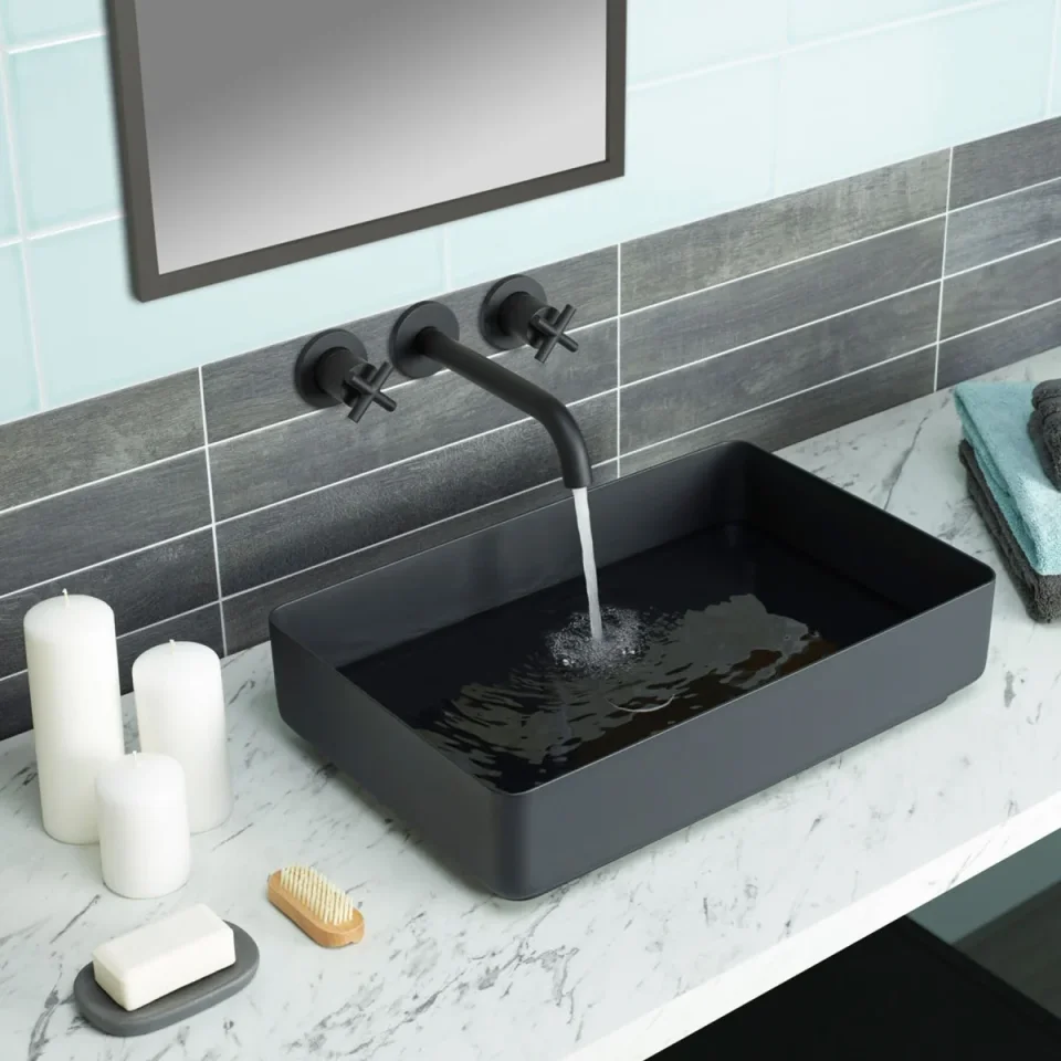 Just Taps Solex 3 Hole Wall Mounted Basin Mixer Matt Black detail view - Image 2