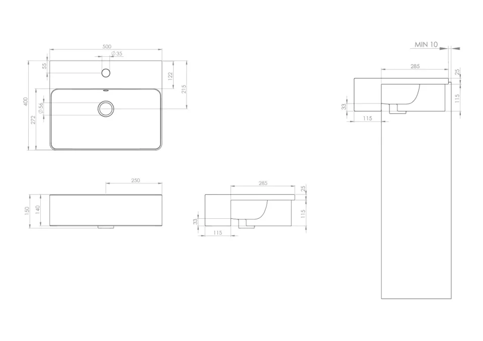 Saneux Sienna 50x40cm Square Semi-recessed Washbasin 0th detail view - Image 2