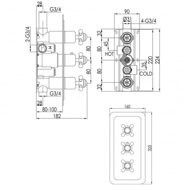Just Taps Grosvenor Cross Conealed Thermostatic 2 Outlet Valve Vertical