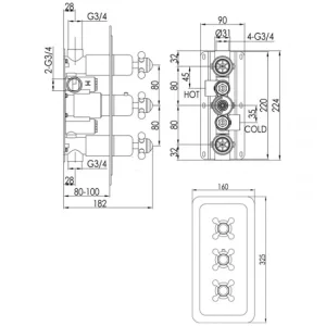 Just Taps Grosvenor Cross Conealed Thermostatic 2 Outlet Valve Vertical