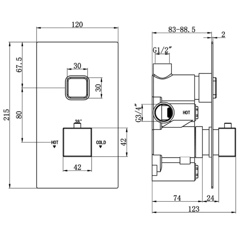 Just Taps Hix Thermostatic Shower Valve Single Option Chrome detail view - Image 3