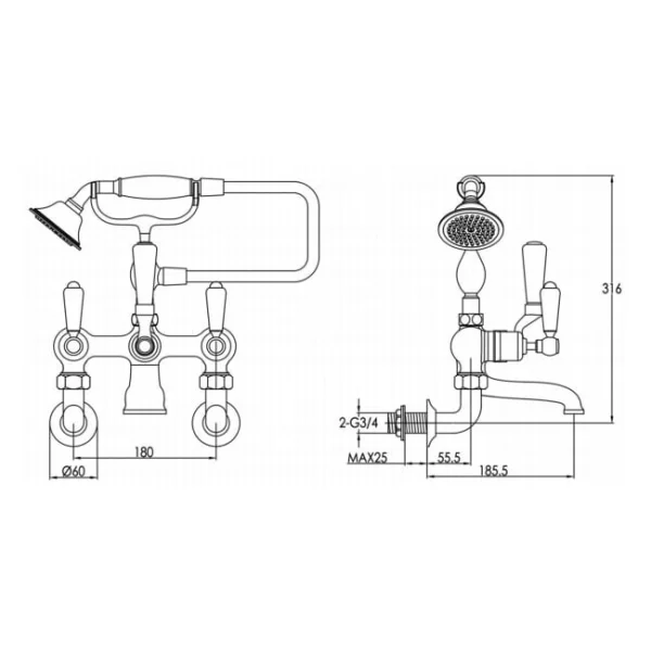 Just Taps Grosvenor Lever Wall Mounted Mounted Bath Shower Mixer With Kit Nickel