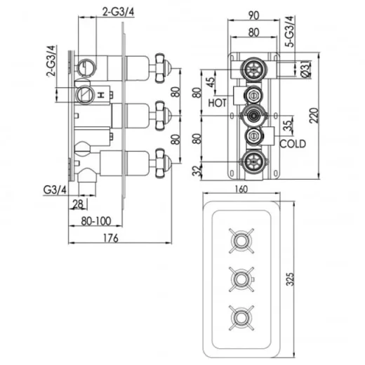 Just Taps Grosvenor Pinch Thermo Concealed 3 Outlet Shower Valve Horizontal Nickel detail view - Image 2