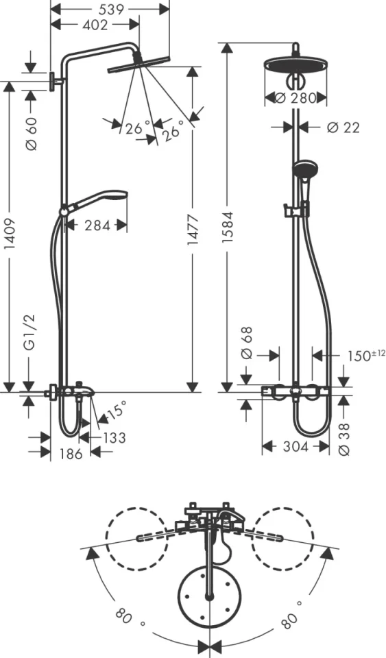 Hansgrohe Croma Select S Showerpipe 280 1jet With Thermostatic Bath Mixer Chrome detail view - Image 2
