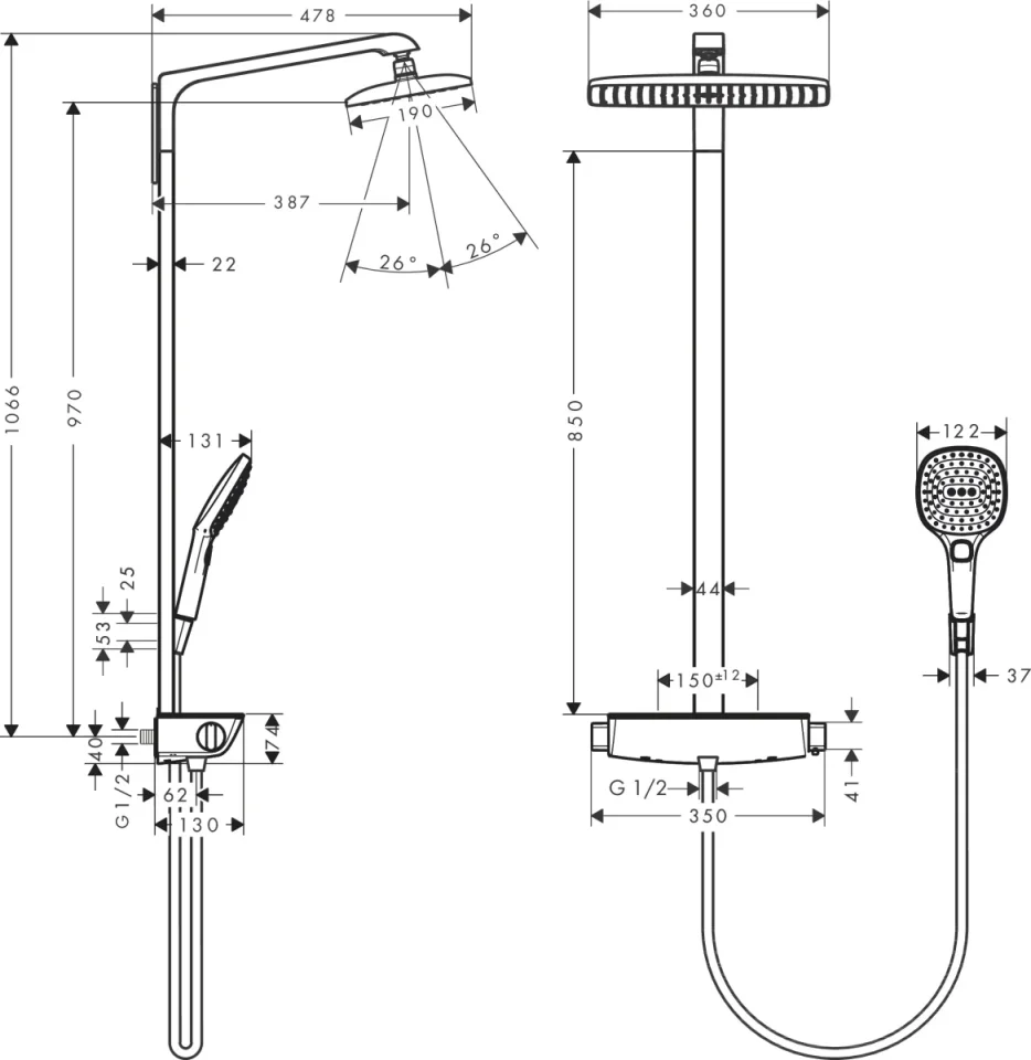 Hansgrohe Raindance E Showerpipe 360 1jet Ecosmart With Thermostatic Shower Mixer Chrome detail view - Image 3