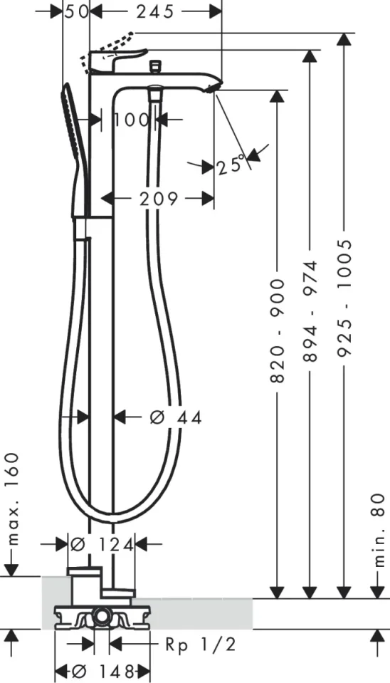 Hansgrohe Metris Single Lever Bath Mixer Floor Standing Chrome technical drawing - Image 2