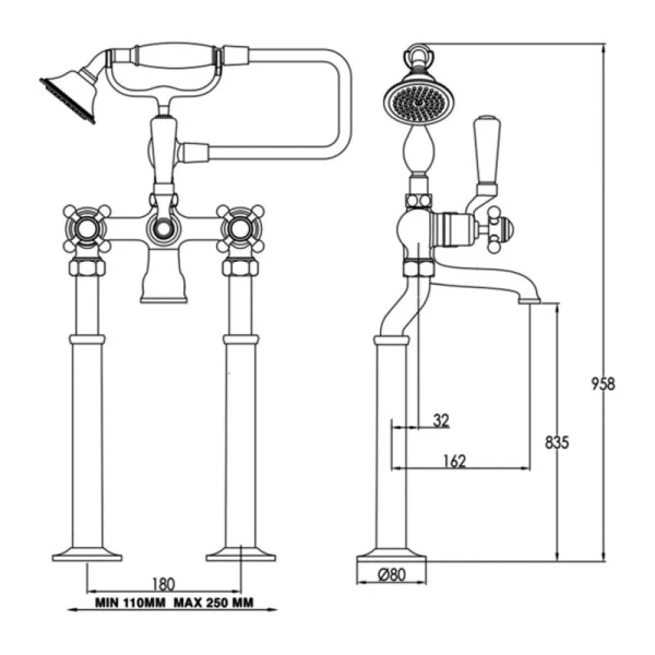 Just Taps Grosvenor Cross Freestanding Bath Shower Mixer With Kit Nickel