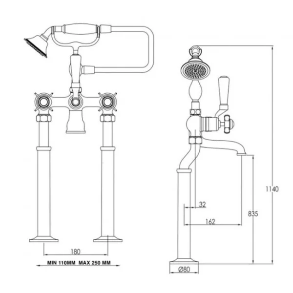 Just Taps Grosvenor Pinch Freestanding Bath Shower Mixer With Kit Matt Black