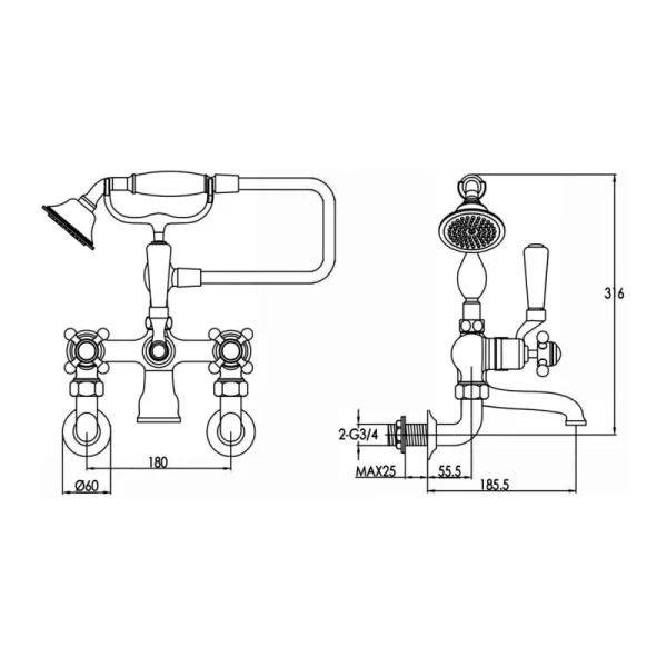 Just Taps Grosvenor Cross Wall Mounted Bsm With Kit Matt Black