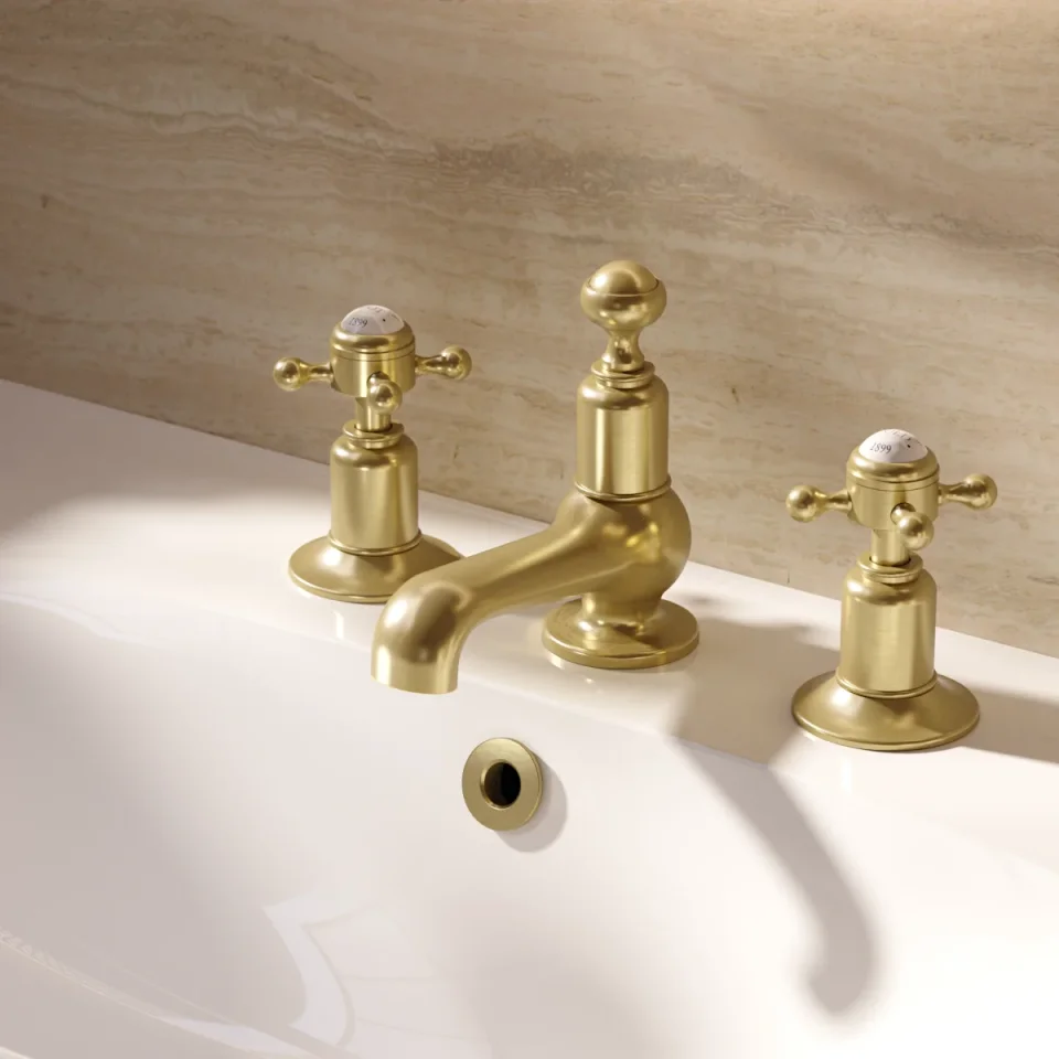 Crosswater Belgravia Crosshead 3 Tap Hole Basin Set Brushed Brass detail view - Image 3