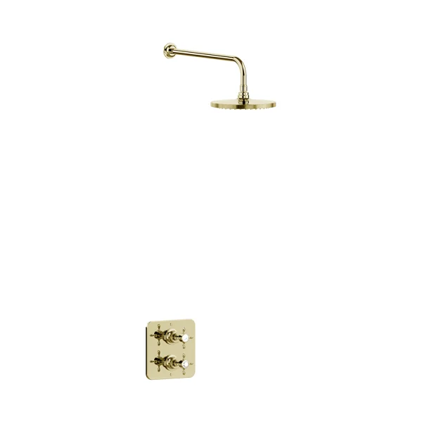 Burlington Guild Square Thermostatic Single Outlet Concealed Shower Valve With Fixed Shower Arm And Head Gold