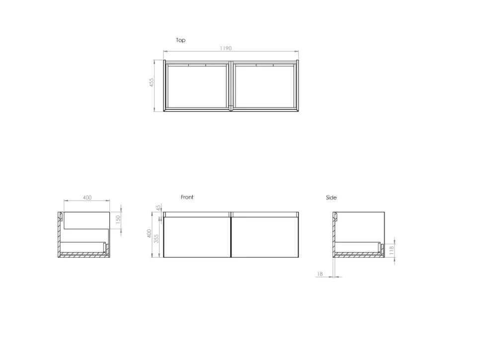 Saneux Uni 120cm 2 Drawer Wall Mounted Unit - Matte Anthracite detail view - Image 2