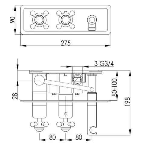 Just Taps Grosvenor Cross Thermo Conc 2 Outlet Val & Handset Matt Blac detail view - Image 2