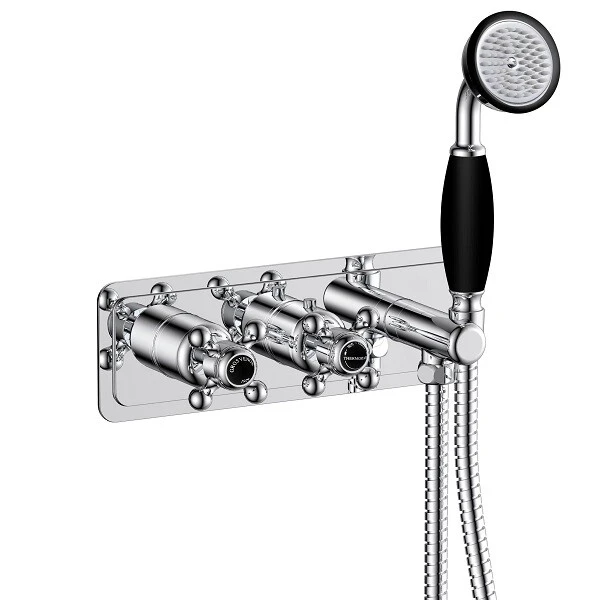 Just Taps Grosvenor Cross Thermo Conc 2 Outlet Val & Handset Matt Blac