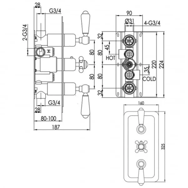 Just Taps Grosvenor Lever Thermo Concealed 2 Outlet Shower Valve Vertical  Nickel