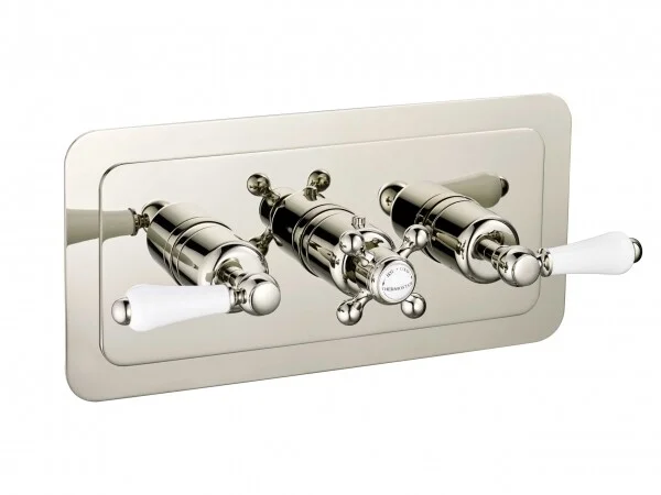 Just Taps Grosvenor Cross Thermostatic Concealed 2 Outlet Shower Valve Horizontal Nickel