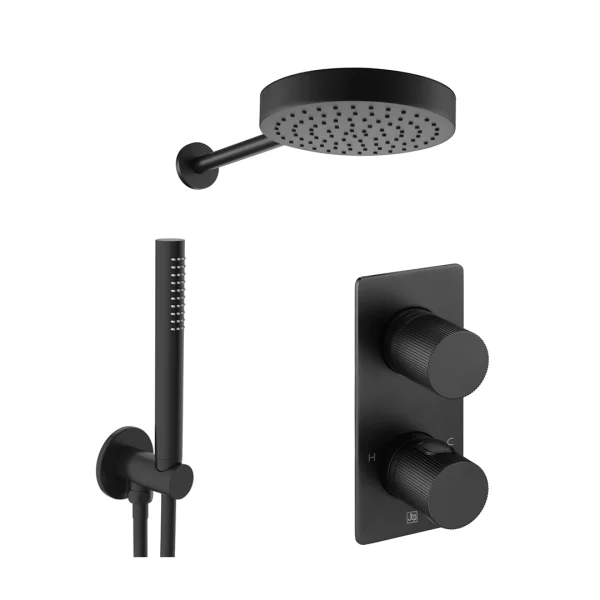 Just Taps Evo 2 Outlet Shower Valve, Arm 400mm,overhead Shower 250mm, Round Water Outlet - Matt Black